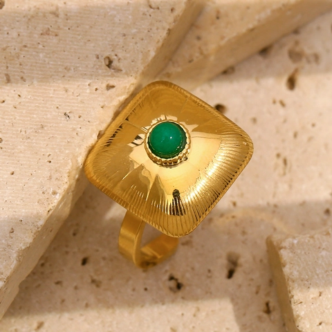 Vintage Square Green Gemstone Ring Stainless Steel 18K Gold Plated Adjustable Open Finger Jewelry For Women Retro Fashion