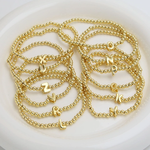 Letter Initial Beaded Bracelet Copper 18K Gold Plated Elastic Round Bead Bubble Alphabet Pendant Jewelry For Women