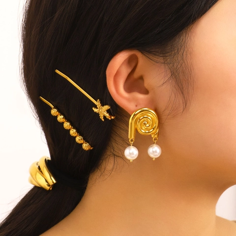 Pendientes De Botón De Acero Inoxidable Chapado En Oro 18K Espiral De Concha Perla Artificial Impermeable Hipoalergénico Elegante