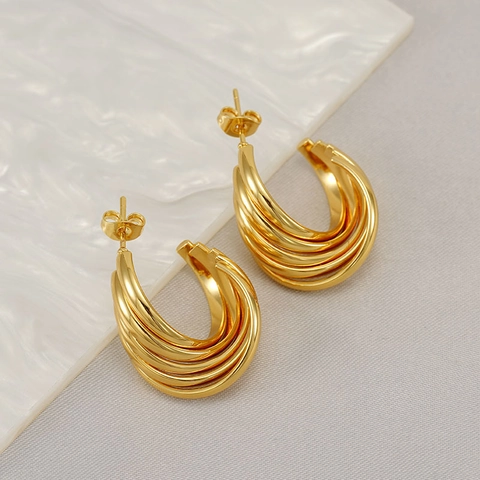 Damen Mehrlagige C-Form Creolen 18K Vergoldeter Edelstahl Polierte Spirale Gedrehte Linie Mode