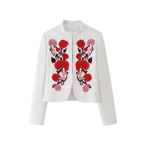 Dames Kort Jasje Met Mandarijn Kraag En Bloemenborduurwerk Lange Mouwen Etnische Vintage Elegante Witte Bovenkleding