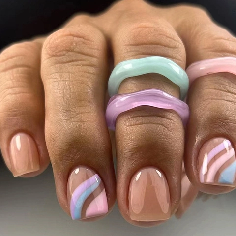 Unghie Finte Corte Squadrate Arrotondate Motivo Righe Ondulate Macaron Colorate Plastica Stile Semplice Fresco Donna
