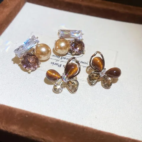 Pendientes De Botón Geométricos De Mariposa Vintage Con Poste De Plata Circonita Piedra Ojo De Tigre Perla Artificial Imitación Mujer