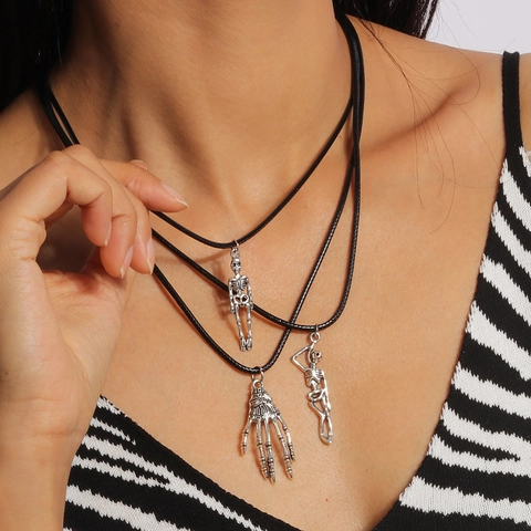Halloween Pendant Necklace Alloy Skeleton Witch Spider Web Gothic Punk Vintage Style Black Wax Cord Jewelry Unisex