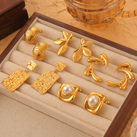 Pendientes Geométricos De Acero Inoxidable Con Textura Chapados En Oro Imitación Perla Artificial Joyas Vintage Mujer