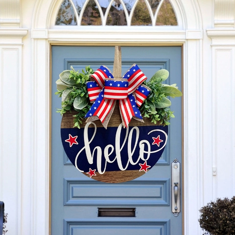Targa Benvenuto Patriottica Tonda In Legno Per Porta Hello Verde Artificiale Fiocco Stelle Strisce Decorazione