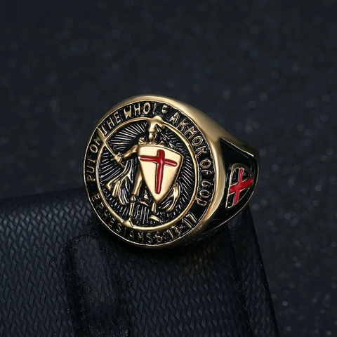 Anello Sigillo Scudo Cavaliere Templare Acciaio Al Titanio Versetto Biblico Croce Rossa Gioielli Hiphop Per Uomini