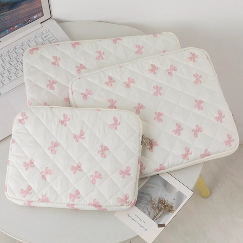 Quilted Laptop Sleeve Bag Polyester Bow Gingham Floral Pattern Protective Case Inner Pouch For Tablet Computer