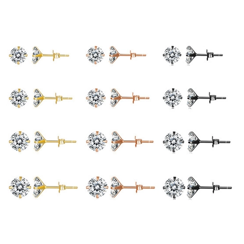 Classic Round Cubic Zirconia Stud Earrings With 925 Sterling Silver Earring Post Four Prong Setting Elegant Daily Jewelry