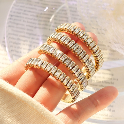 C-Form Ohrringe Titanstahl 18K Vergoldet Rechteck Zirkon Eingelegt Französisch Ins Stil Vintage Luxus Schmuck Für Damen