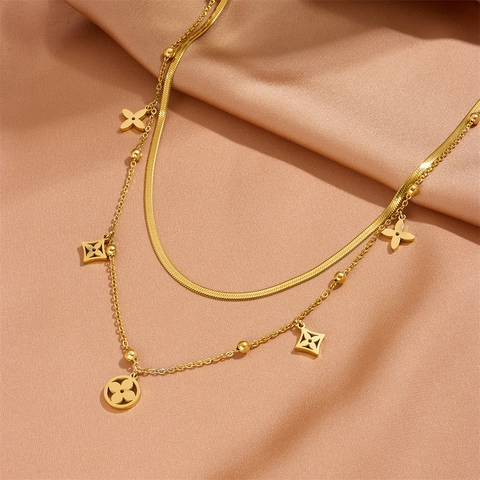 Double Layer Necklace Stainless Steel Clover Flower Pendant Gold Color Snake Chain Elegant Jewelry For Women