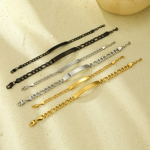 Bracelet d'Identification Minimaliste en Acier Inoxydable Plaqué Or 18K Figaro Chaîne Cubaine Plaque Courbée Bijou Main