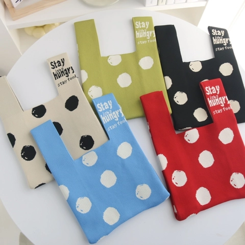 Knitted Knot Wrist Bag Polka Dot Pattern Polyester Handbag Japanese Style Casual Women Tote With Letter Print