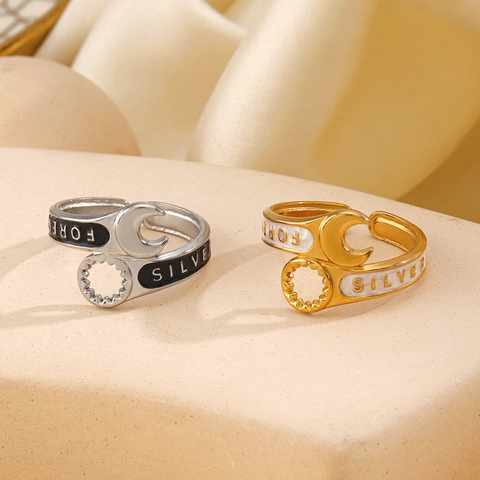 Anello Aperto A Chiave Inglesa Acciaio Inossidabile Placcato Oro 18K Smalto Nero Bianco Regolabile Gioielli Retro Industriali