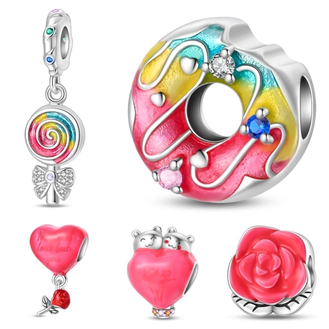 Romantic Sweet Color Changing DIY Jewelry Beads Heart Rose Donut Lollipop Balloon Silver Plated Copper Enamel Charms Bracelet