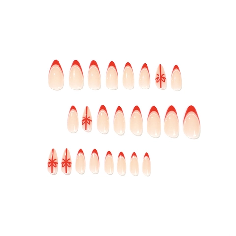 Christmas Press On Nails Almond Shape Red French Tip Ribbon Bow Artificial Fingernails Holiday Party Elegant For Women