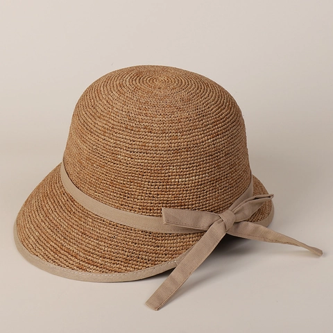 Raffia Straw Cloche Sun Hat Elegant Wide Brim Bow Decor Foldable Split Back Summer Beach Protection For Women