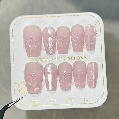 Pink Cat Eye Press On Nails With Bow Star Glitter Artificial Pearl Decorations Handmade Trapezoid False Nails For Women Sweet Elegant