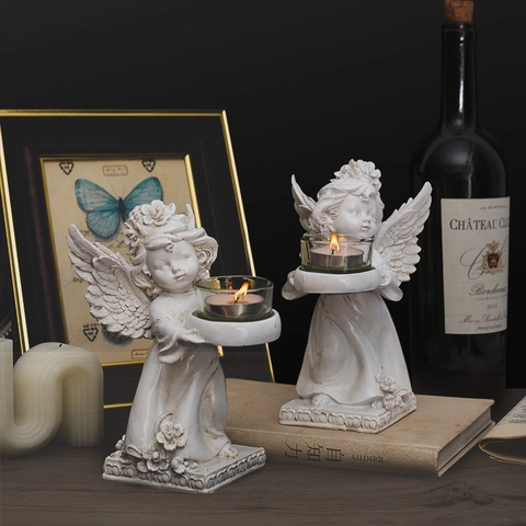 Vintage Angel Statue Candle Holder Winged Cherub Resin Figurine European Style Home Table Decor Ornament