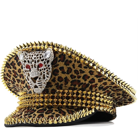 Cappello Da Capitano Con Paillettes Bianche Stampa Leopardata Testa Di Leopardo Con Strass Perla Artificial Queen Decorazione Party