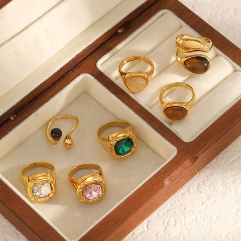 Edelstahl Gold Plattiert Zirkon Ring Geometrisch Tigerauge Stein Luxus Mode Accessoire Für Frauen Täglicher Gebrauch