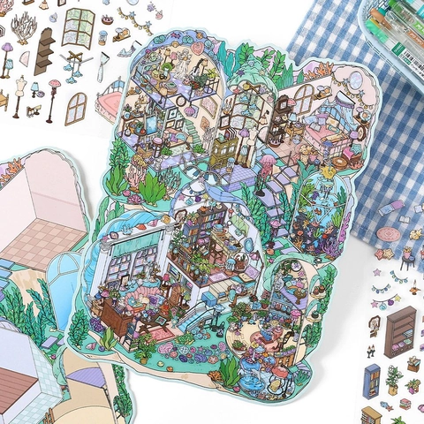 Creative 2.5D Scene Decoration Stickers PET Material DIY Scrapbooking Planner Accessories Hand Drawn Illustration