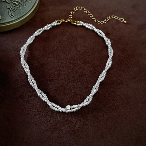 Imitationsperle Twist Choker Halskette Layered Kupfer Zirkon Französisch Retro Elegant Schlüsselbeinkette Für Damen Schmuck