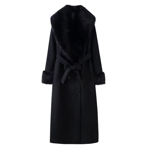 Damen Langer Schwarzer Mantel Mit Kunstpelzkragen Und Manschetten Eleganter Taillengürtel Winterjacke