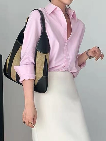 Camicia Da Donna A Maniche Lunghe Con Bottoni 100% Poliestere Scollo A V Tinta Unita Casual Versatile Blusa Tops