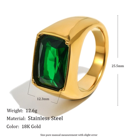 Minimalist Emerald Cut Green Zircon Square Ring Stainless Steel 18K Gold Plated Luxury French Vintage Jewelry Women