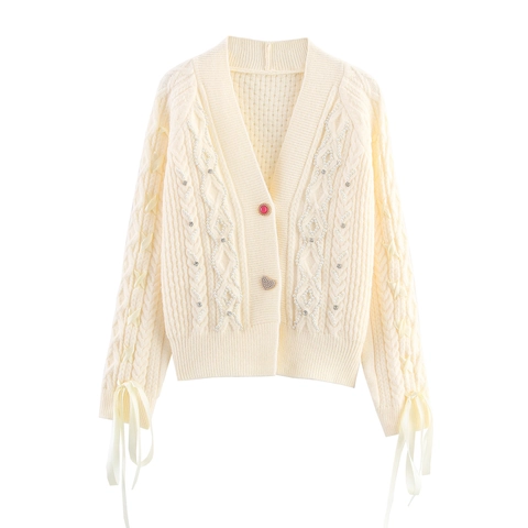 Dames Gebreid Vest V-Hals Kabelpatroon Met Kunstparels Strass Veters Strik Manchet Hart Knoop Chic Elegant