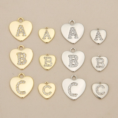 Copper Heart Initial Pendant Zirconia Inlaid Gold Silver Plated Alphabet Charm For DIY Necklace Earring Jewelry Making Accessory