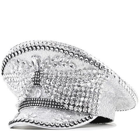Cappello Da Capitano Con Paillettes E Strass Argento Per Donna Berretto Militare Con Fiocco Di Cristallo Festa Rave Festival