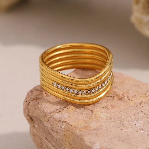 18K Gold Plated Stainless Steel Multi Layer Twisted Ring With Zircon Inlay Wavy Wide Band For Women Fashion Jewelry