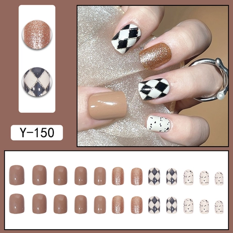 Glossy Press On Nails Square Round Checkerboard Pattern Polka Dot Glitter False Nails Trendy DIY Manicure For Women