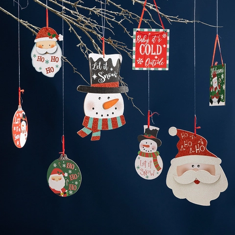 Christmas Tree Hanging Ornaments Santa Claus Snowman Printed Cardboard Signs Glitter Holiday Decorations For Home Wall Window Party Decor