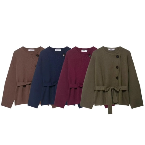 Cardigan En Tricot Pour Femme Veste Pull Col Rond Manches Longues Boutons Latéraux Avec Ceinture Élégant