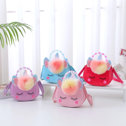 Unicorn Kids Shoulder Crossbody Bag PU Leather Cartoon Beaded Handle Plush Pom Pom Cute Princess Handbag For Girls