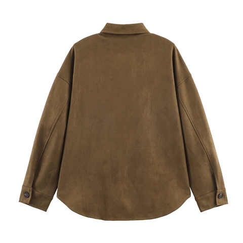 Damen Casual Wildlederimitat Hemdjacke Vintage Langarm Umlegekragen Einreihiger Lockerer Mantel Mit Taschen Braun