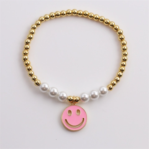Bracciale Perline Perline Rame Oro Perla Artificial Imitazione Bianca Smalto Sorriso Ciondolo Elastico Gioielli Tendenza Donna