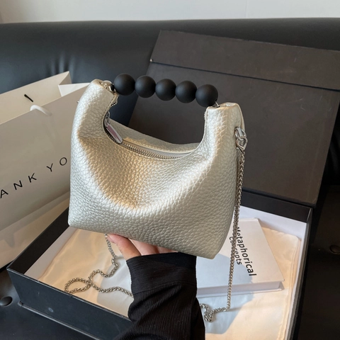Mini Bolso Bandolera Para Mujer Patrón Litchi Cuero PU Asa De Perlas Cadena Plateada Bolso De Hombro Hobo Moda