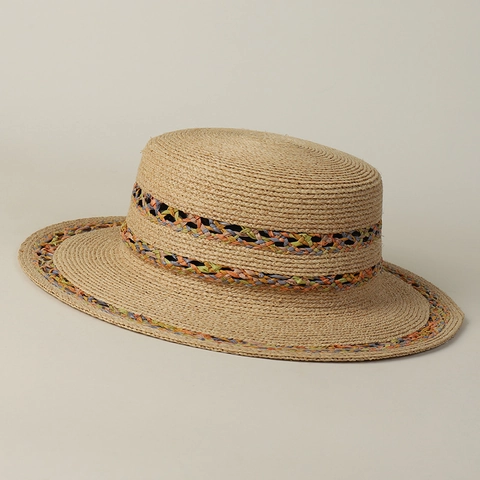 Handmade 100% Raffia Boater Hat Multi-color Hollow Woven Straw Band Summer Sun Protection Beach Vacation Elegant Women