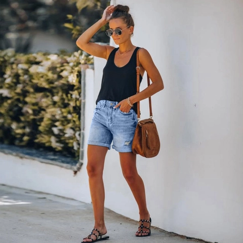 Short en Jean Déchiré à Taille Haute pour Femmes Usé Frangé Jambe Droite Jean Hot Pants Décontracté Été Mélange de Coton