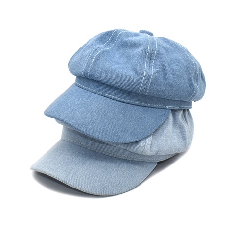 Vintage Denim Newsboy Cap Octagonal Retro Cotton Casual Sun Protection Headwear For Women Men Adjustable Cabbie Hat