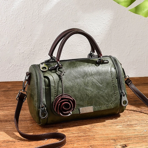 Women Retro PU Leather Boston Bag Solid Color Shoulder Crossbody Handbag With Rose Pendant Elegant Vintage