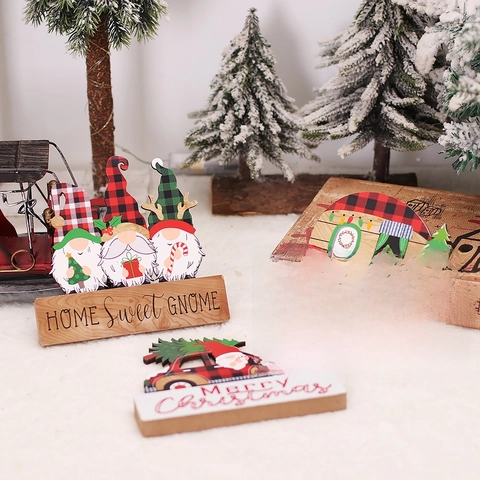 Christmas Wooden Ornament Gnome Buffalo Plaid Truck Camper Desktop Tabletop Decor Holiday Party Window Display Stand