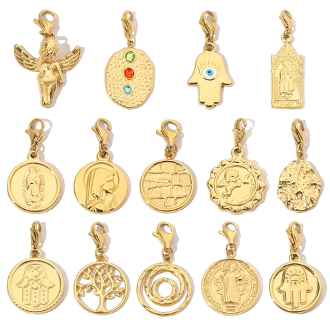 Edelstahl Anhänger Vergoldet DIY Pendants Karabinerverschluss Lebensbaum Engel Hand Der Fatima Jungfrau Maria Religiös