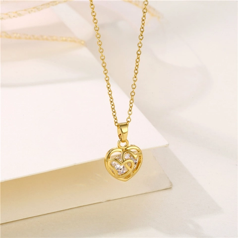Edelstahl Herz Anhänger Halskette Vergoldet Hohl Zirkonia Trendy Eleganter Schmuck Für Damen