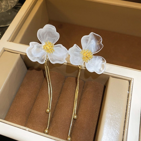 Pendientes Colgantes De Flor De Acrílico Blanco Con Poste De Plata Cadena De Borla Larga Joyería Coreana Para Mujer