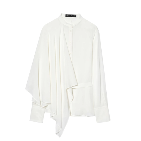 White Asymmetric Draped Blouse Satin Texture Long Sleeve Pleated Shirt With Tie Back Bow For Women Elegant Chic